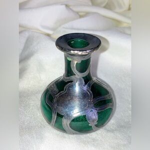 Emerald Art Nouveau Sterling Silver Overlay Glass Perfume Bottle-NO STOPPER!